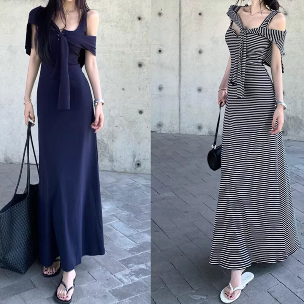 サスペンダー ワンピースケープ付きエレガンスデートワンピース