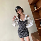 フェイク 2 ピース オフショルダー チェック柄ミニワンピース 長袖 タイトシルエットデートワンピース