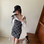 フェイク 2 ピース オフショルダー チェック柄ミニワンピース 長袖 タイトシルエットデートワンピース