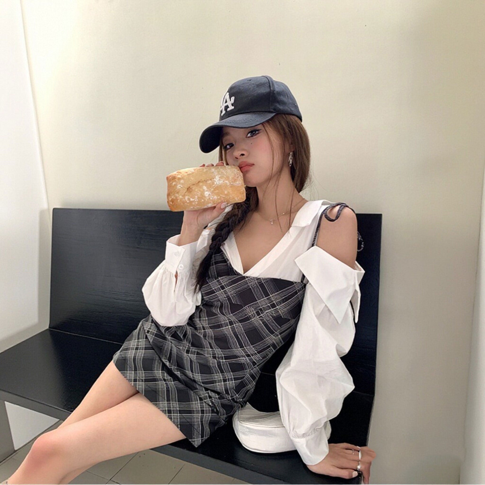フェイク 2 ピース オフショルダー チェック柄ミニワンピース 長袖 タイトシルエットデートワンピース