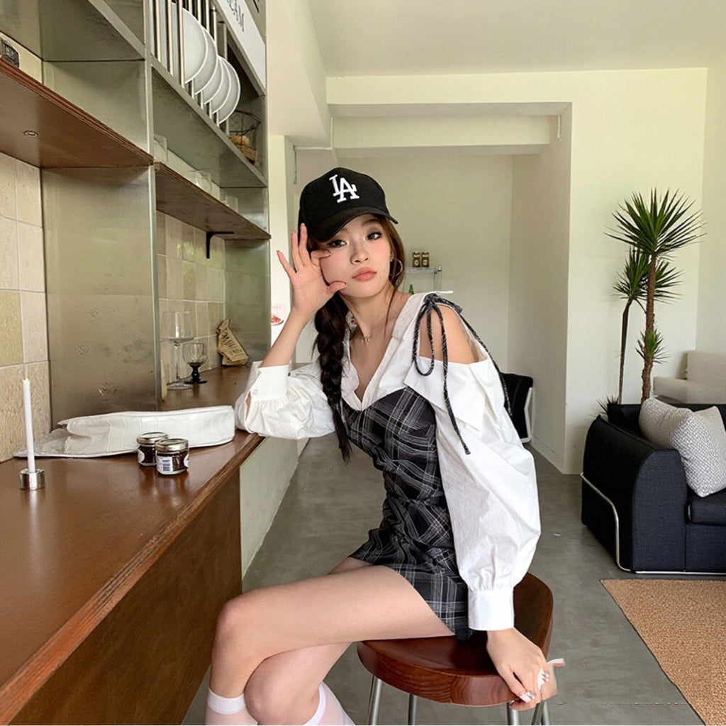 フェイク 2 ピース オフショルダー チェック柄ミニワンピース 長袖 タイトシルエットデートワンピース