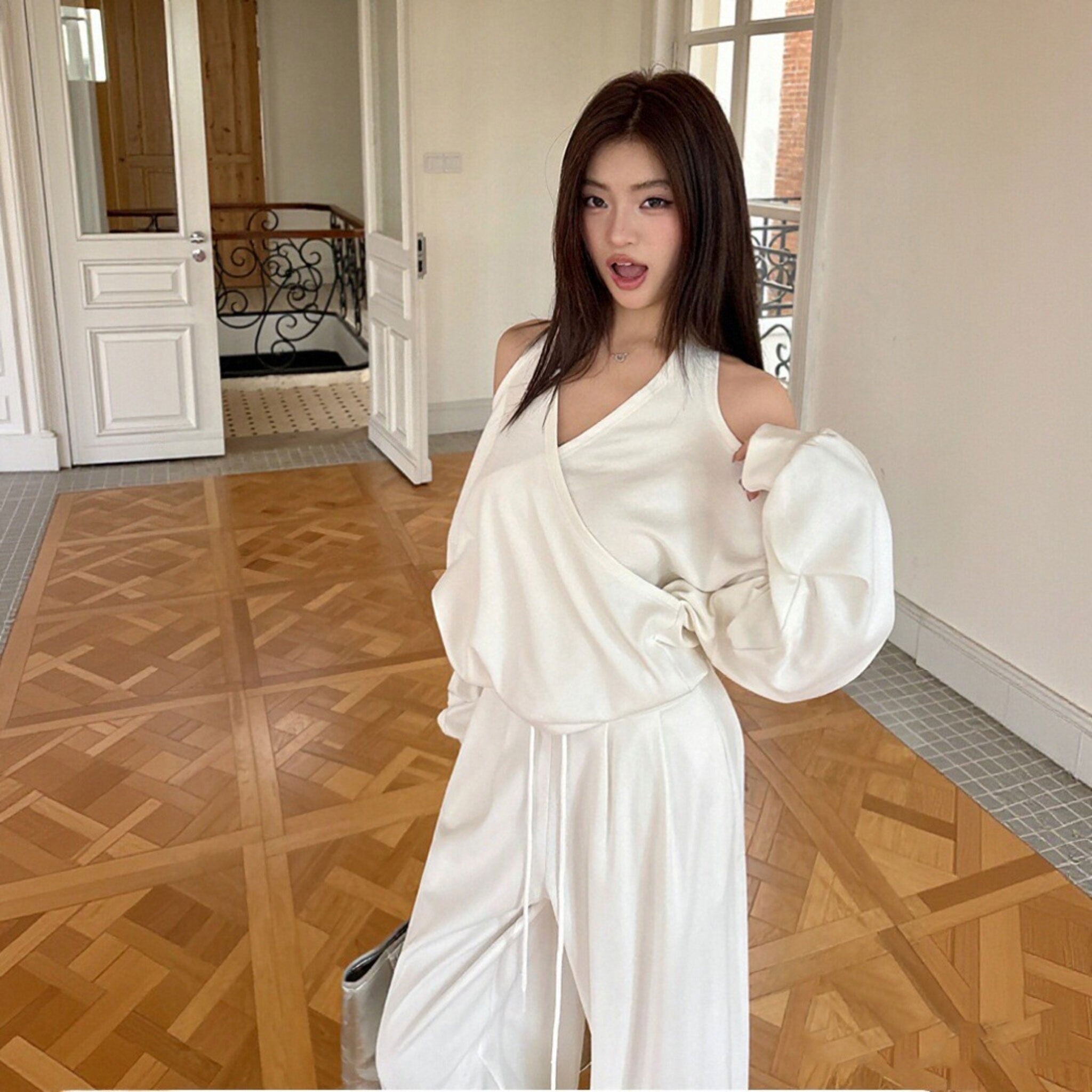 オフショルダー ハルターネック トップス ワイドパンツ セットアップ V ネック