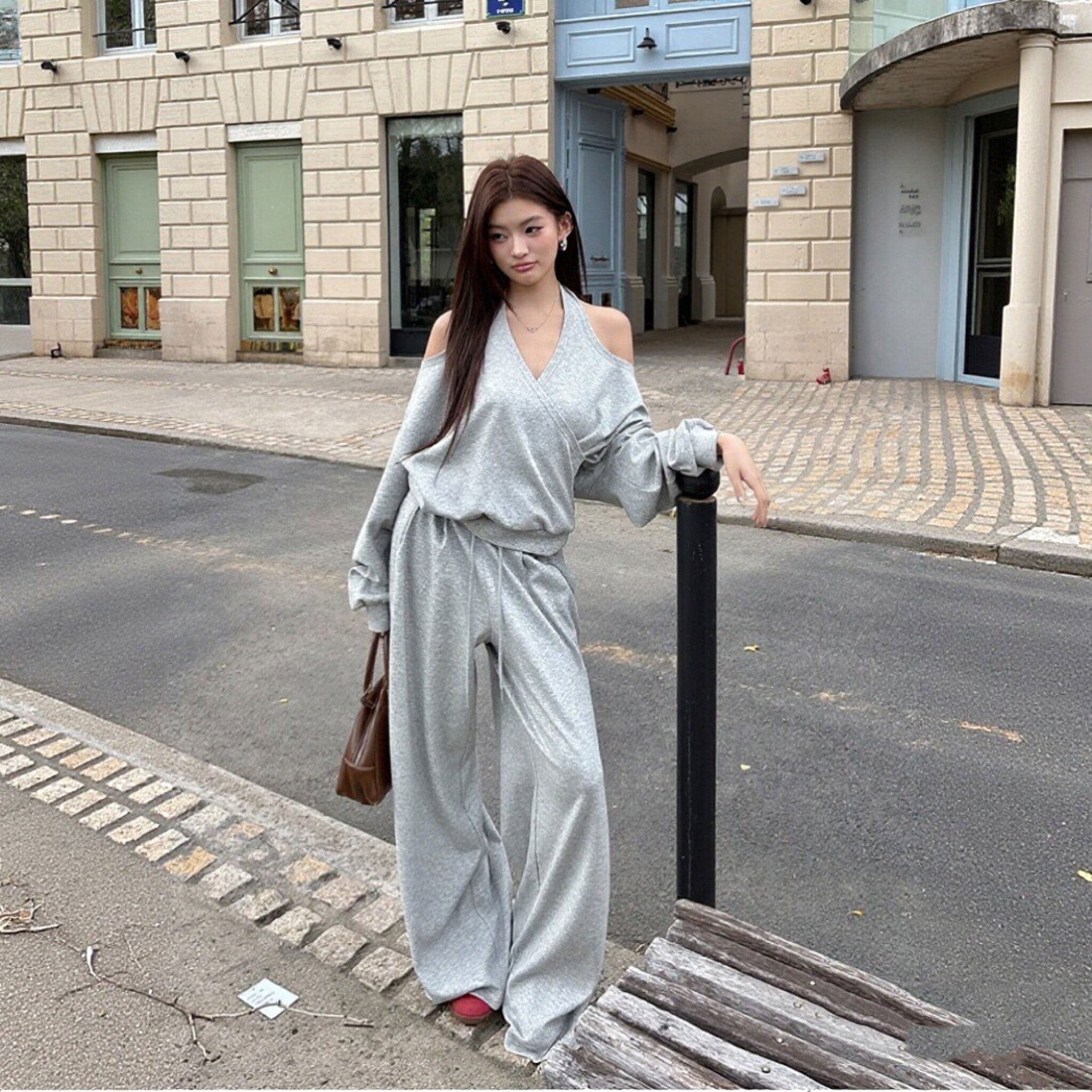 オフショルダー ハルターネック トップス ワイドパンツ セットアップ V ネック