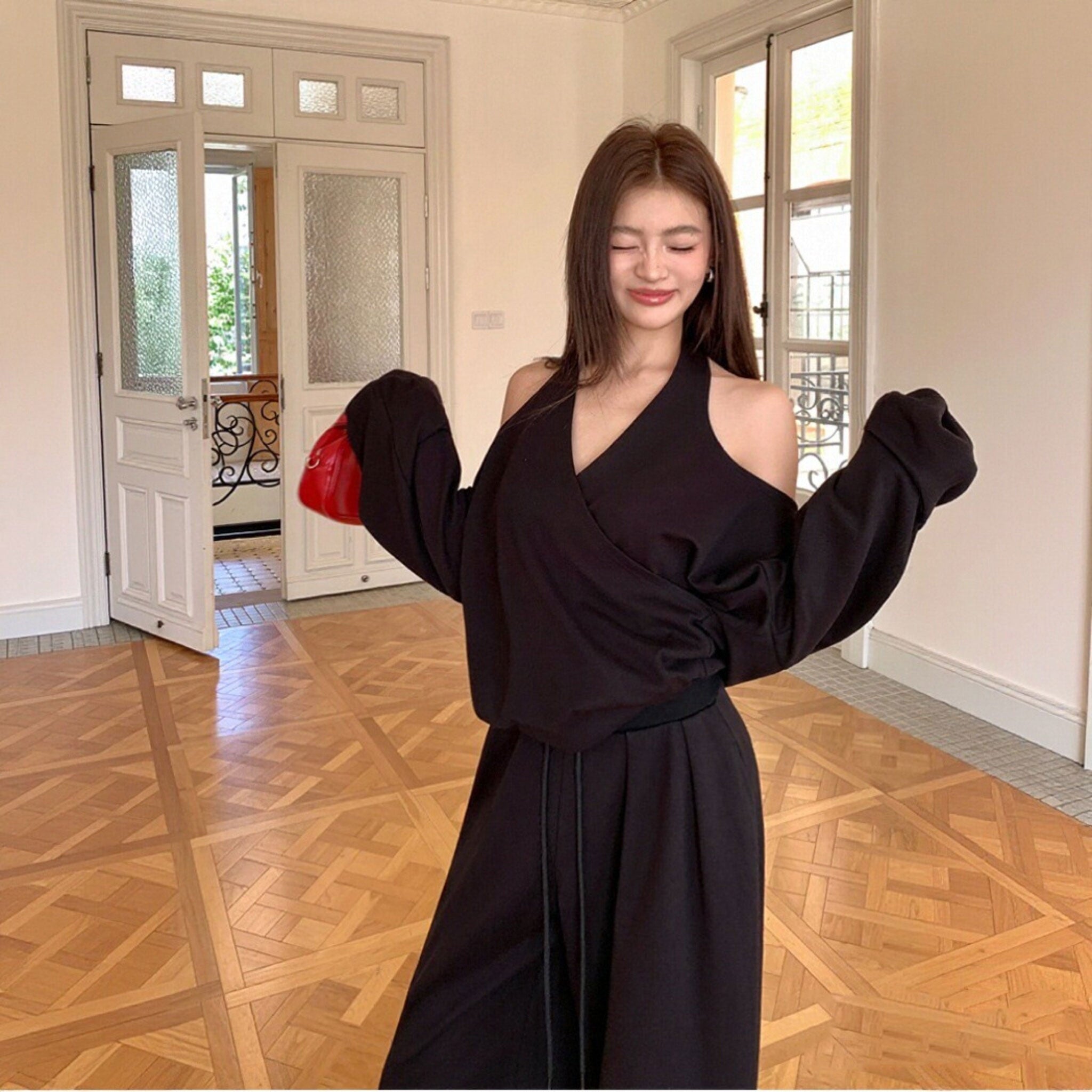 オフショルダー ハルターネック トップス ワイドパンツ セットアップ V ネック