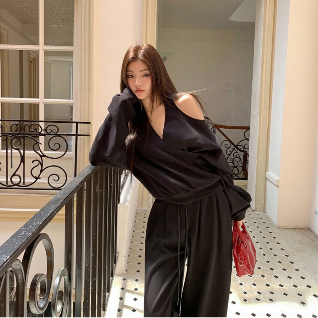 オフショルダー ハルターネック トップス ワイドパンツ セットアップ V ネック