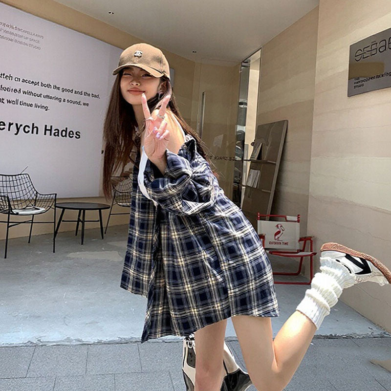 オーバーサイズチェック長袖シャツ韓国カジュアル開襟シャツ