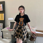 クマプリント半袖Tシャツ＆チェック柄不規則スカートセットアップ