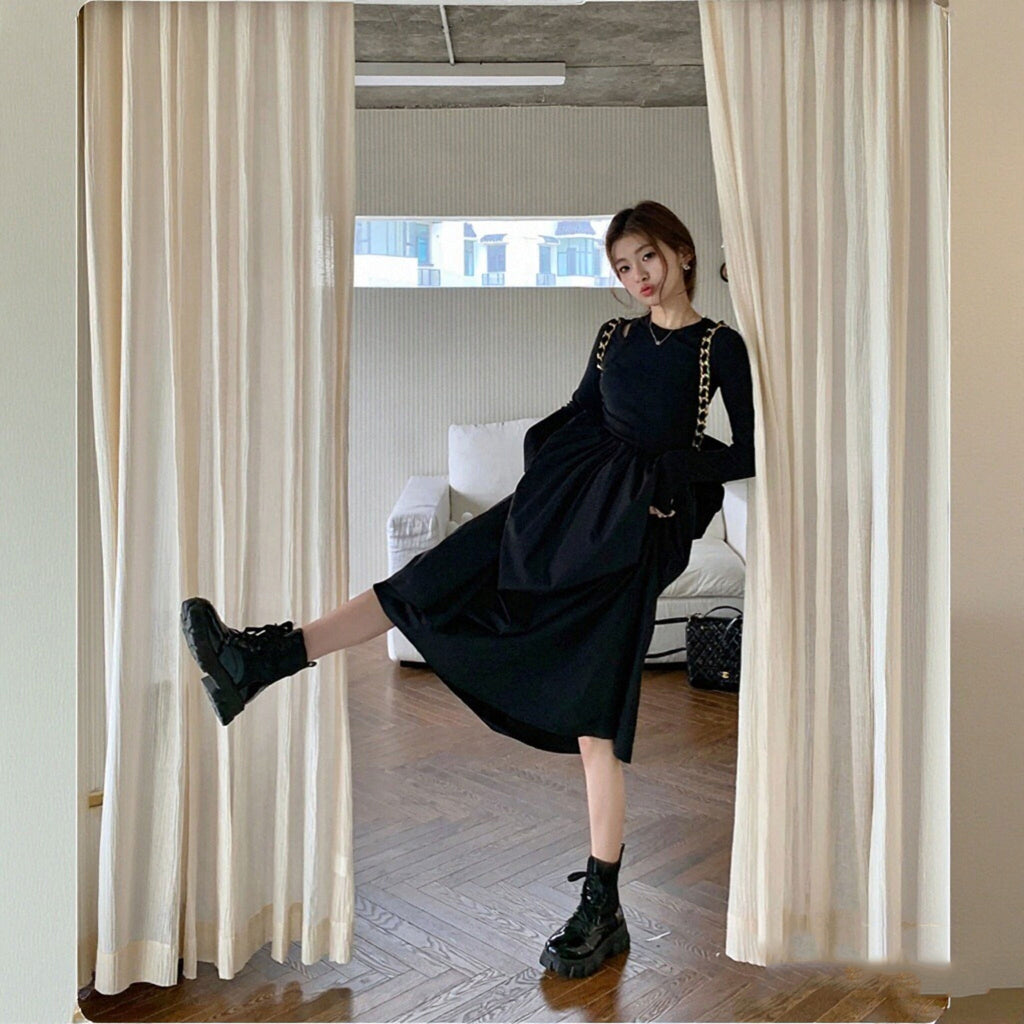 肩開きデザイン長袖ワンピース ハイウエスト切り替え黒ワンピースデートワンピース