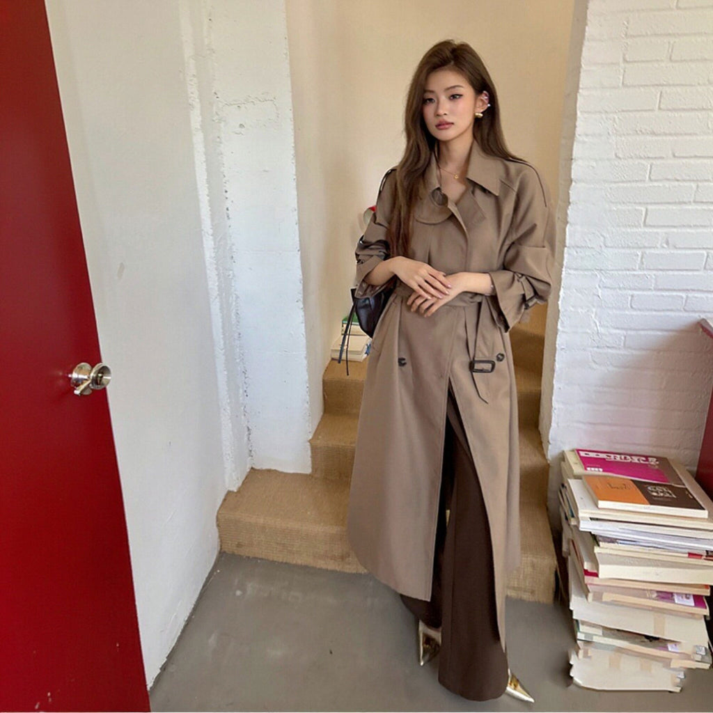 トレンチコートロング丈 ベルト付きダブルボタンウエスト調整可能オーバーシルエットきれいめアウター裏地あり