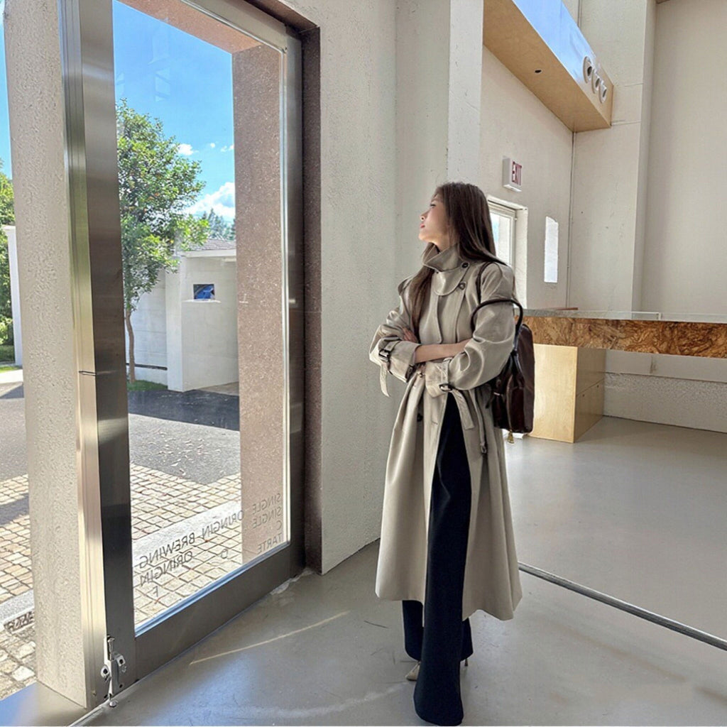 トレンチコートロング丈 ベルト付きダブルボタンウエスト調整可能オーバーシルエットきれいめアウター裏地あり
