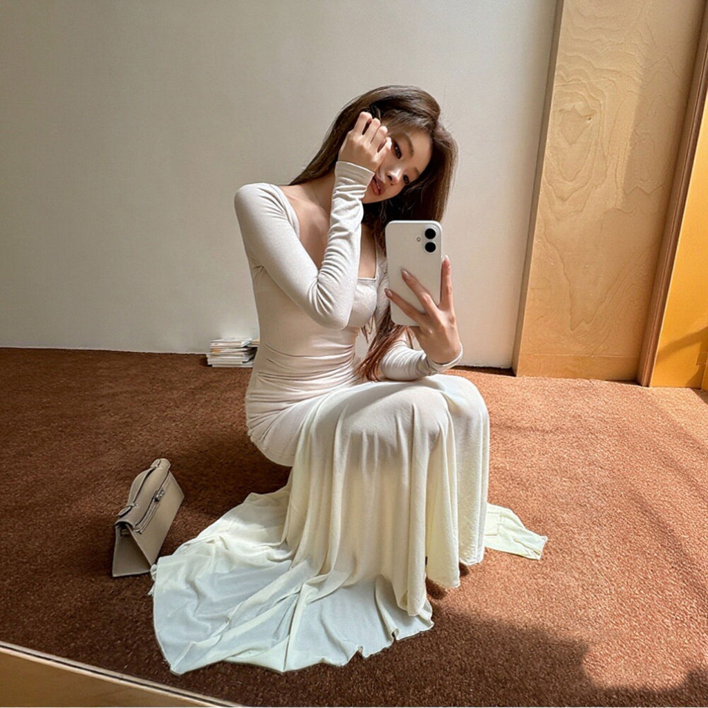 スクエアネック長袖ワンピースマーメイドスカートタイトシルエット きれいめ 大人エレガントデートワンピース