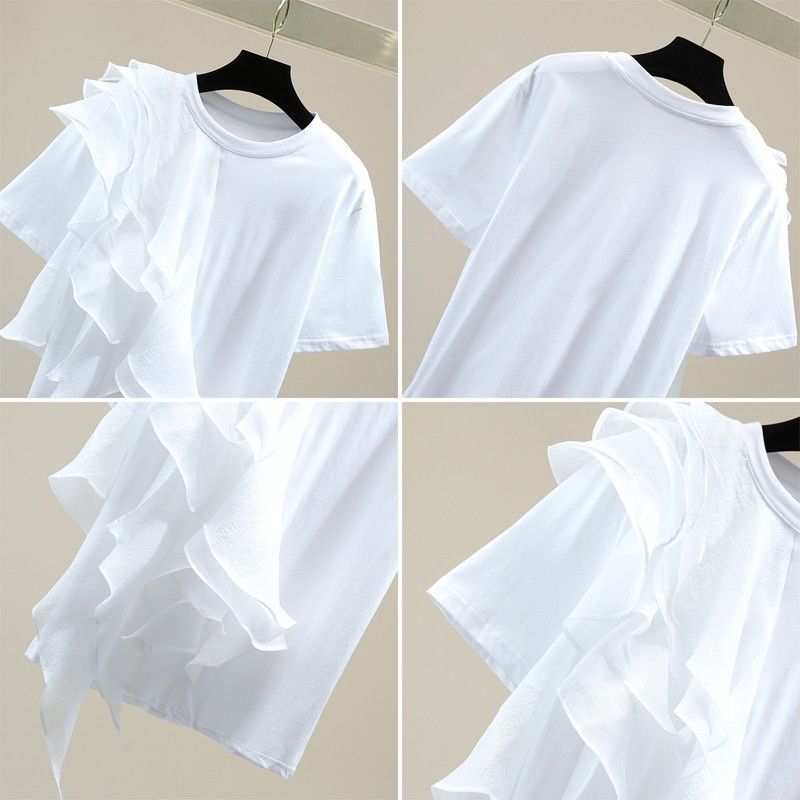 メッシュ花柄フリル裾半袖無地Tシャツトップス