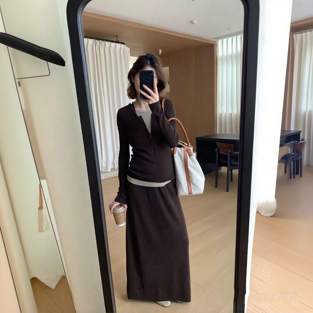 ２点セットアップ 重ね風ハーフジップパーカーニット＋インナー＋ロングスカート 大人リラックスコーデ 楽ちんお出かけ服