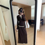 ２点セットアップ 重ね風ハーフジップパーカーニット＋インナー＋ロングスカート 大人リラックスコーデ 楽ちんお出かけ服