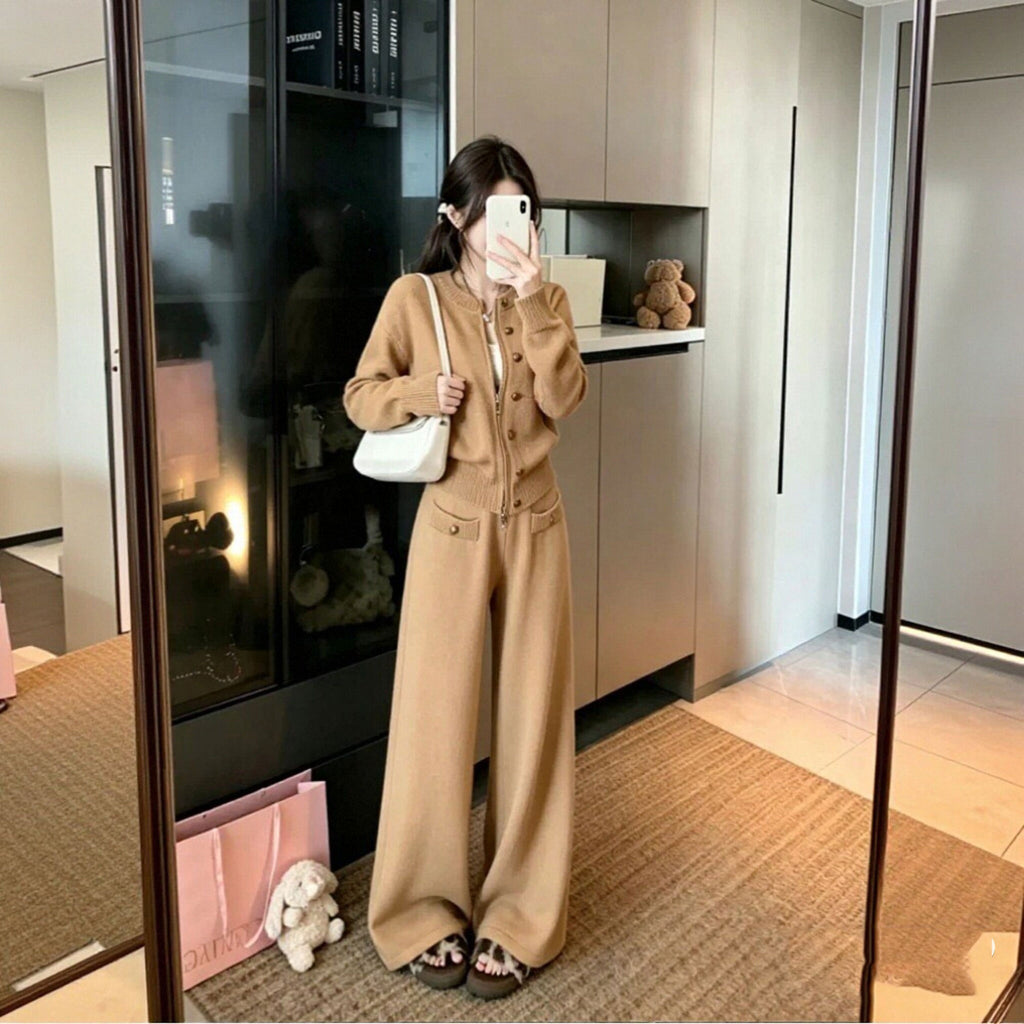 ボタンニットカーディガン＋ワイドパンツ2点セットアップデザイン 秋冬きれいめニットセット