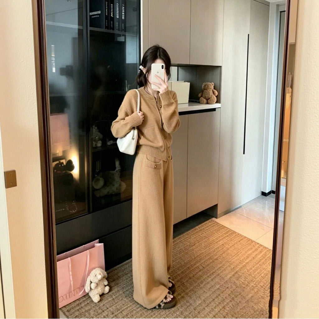 ボタンニットカーディガン＋ワイドパンツ2点セットアップデザイン 秋冬きれいめニットセット