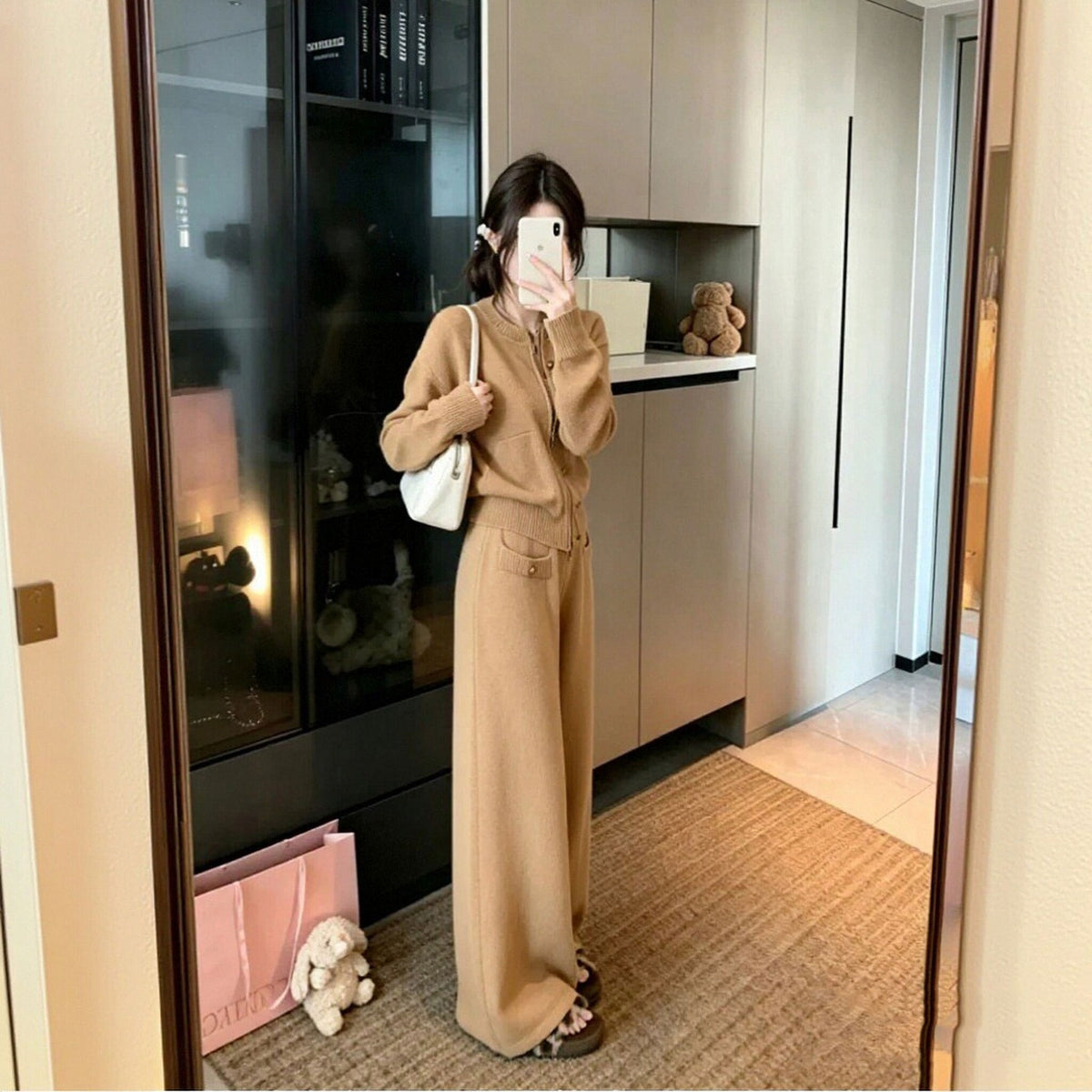 ボタンニットカーディガン＋ワイドパンツ2点セットアップデザイン 秋冬きれいめニットセット