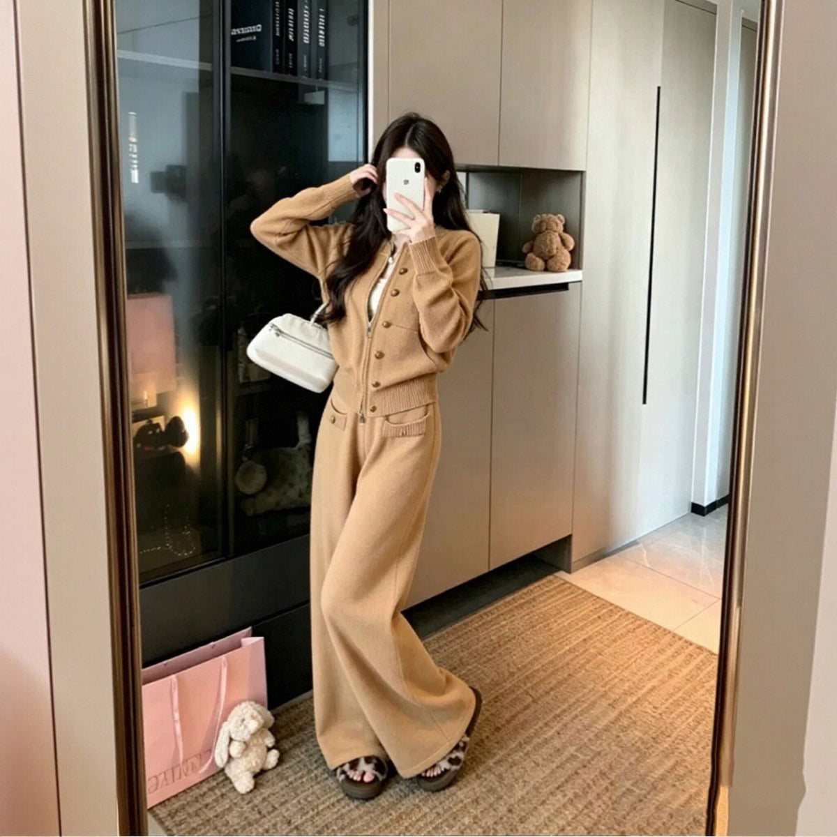 ボタンニットカーディガン＋ワイドパンツ2点セットアップデザイン 秋冬きれいめニットセット