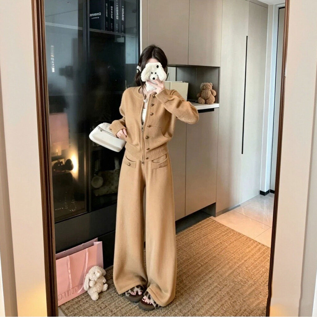 ボタンニットカーディガン＋ワイドパンツ2点セットアップデザイン 秋冬きれいめニットセット