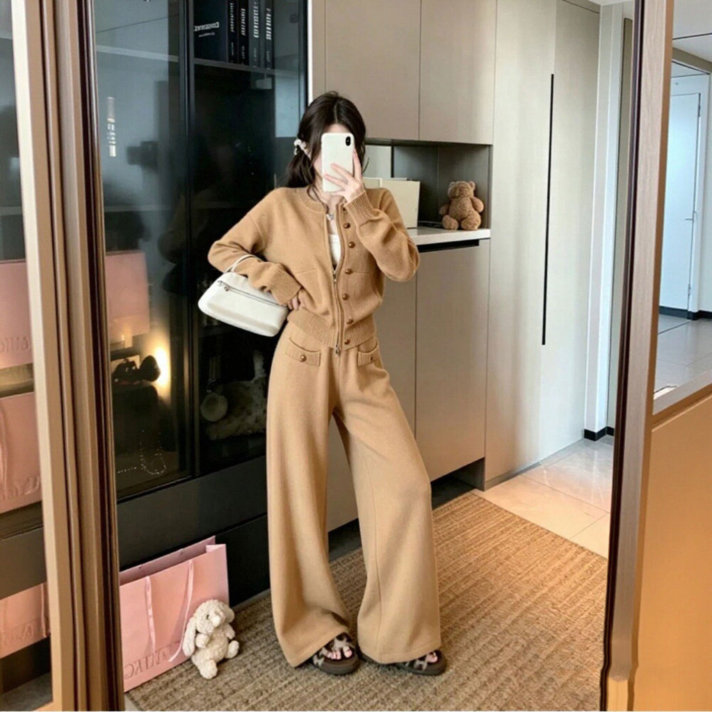 ボタンニットカーディガン＋ワイドパンツ2点セットアップデザイン 秋冬きれいめニットセット