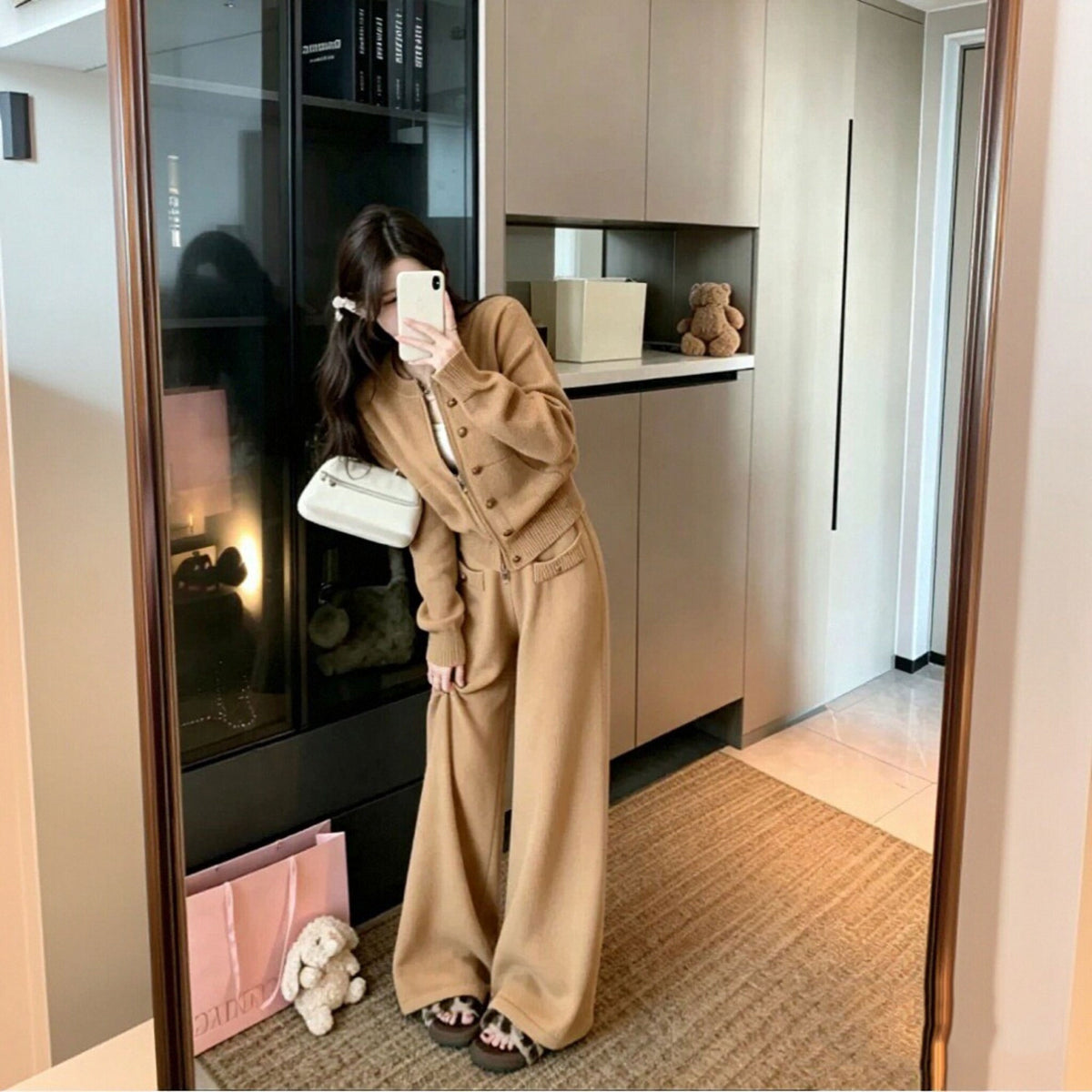ボタンニットカーディガン＋ワイドパンツ2点セットアップデザイン 秋冬きれいめニットセット