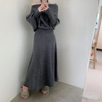 オフショルダーニットトップス＋ロングフレアスカート 2 点セットアップ ゆったりバルーン袖 大人フェミニンセット