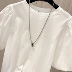 パフスリーブ半袖無地Tシャツトップス