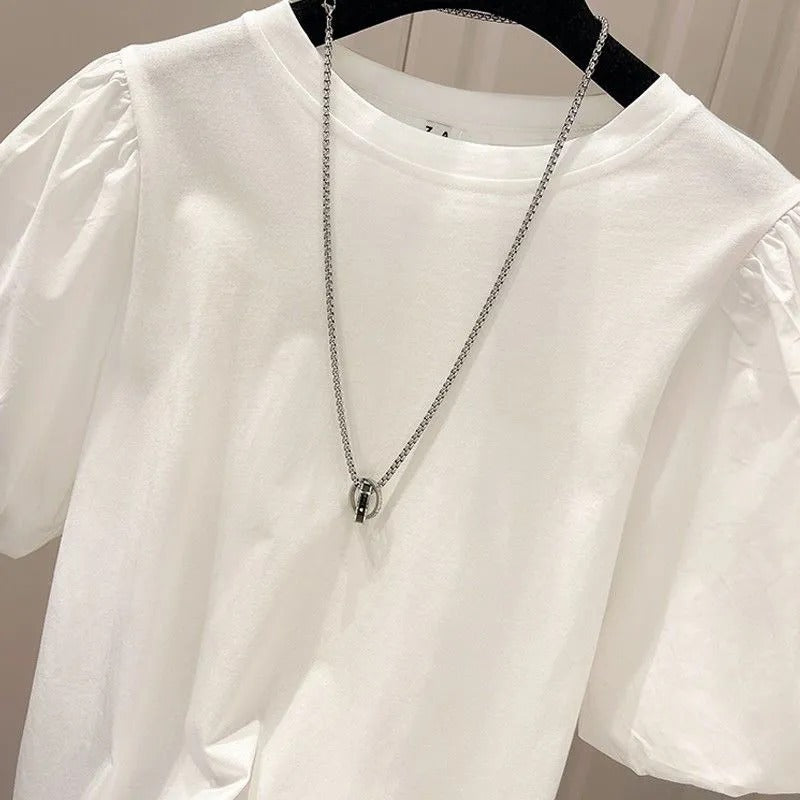 パフスリーブ半袖無地Tシャツトップス