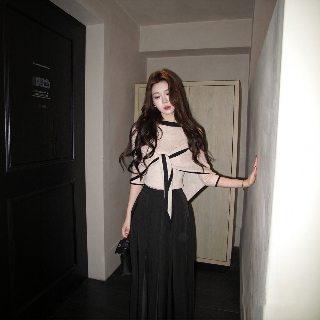 3 点セット ニットトップス＋ケープ＋黒ロングスカート 上品 韓国風 大人可愛い 着痩せ セットアップ デート服