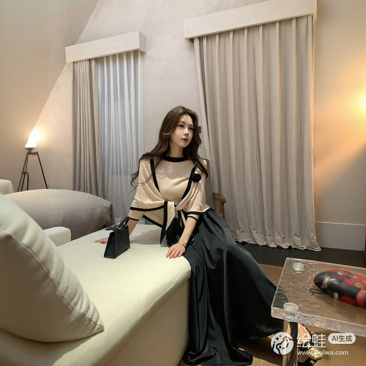 3 点セット ニットトップス＋ケープ＋黒ロングスカート 上品 韓国風 大人可愛い 着痩せ セットアップ デート服