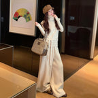 3 点セット ハイネック長袖インナー + ケーブル編みベストベルト付き + ワイドパンツ 韓国ファッション きれいめ セットアップ ルーズシルエット