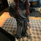3 点セット ハイネック長袖インナー + ケーブル編みベストベルト付き + ワイドパンツ 韓国ファッション きれいめ セットアップ ルーズシルエット