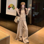 3 点セット ハイネック長袖インナー + ケーブル編みベストベルト付き + ワイドパンツ 韓国ファッション きれいめ セットアップ ルーズシルエット