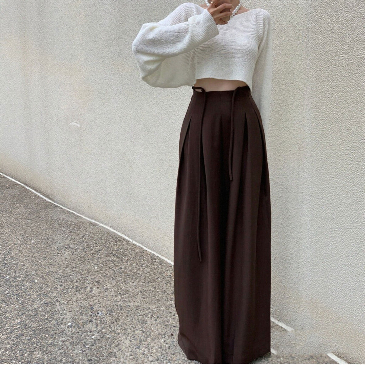 ハイウエスト タックワイドパンツ ロングパンツ 韓国ファッション 体型カバー きれいめ ゆったりシルエットガウチョ