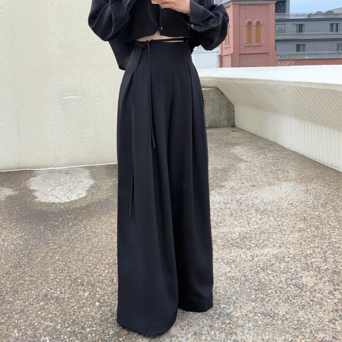 ハイウエスト タックワイドパンツ ロングパンツ 韓国ファッション 体型カバー きれいめ ゆったりシルエットガウチョ