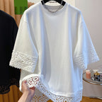 レース花柄切替半袖Tシャツトップス