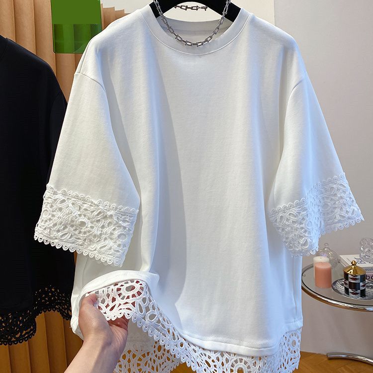 レース花柄切替半袖Tシャツトップス