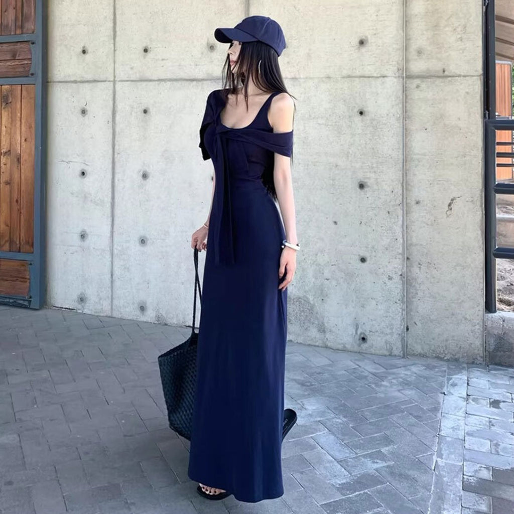 サスペンダー ワンピースケープ付きエレガンスデートワンピース