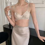 ダブルストラップ レースブラジャー ノンワイヤー シルク調 大人可愛い ナチュラル インナー