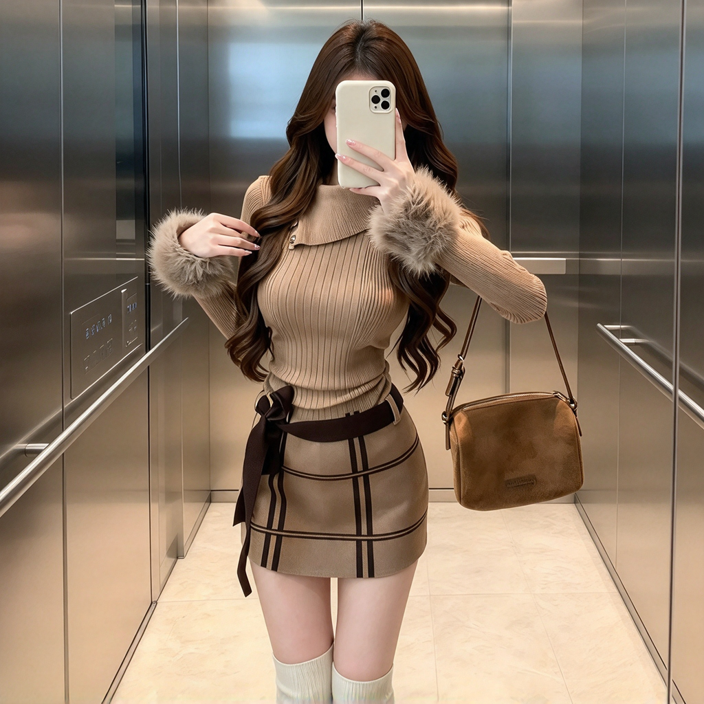 ファーカフスリブニットワンピース チェック柄 ベルトリボン付きデート服
