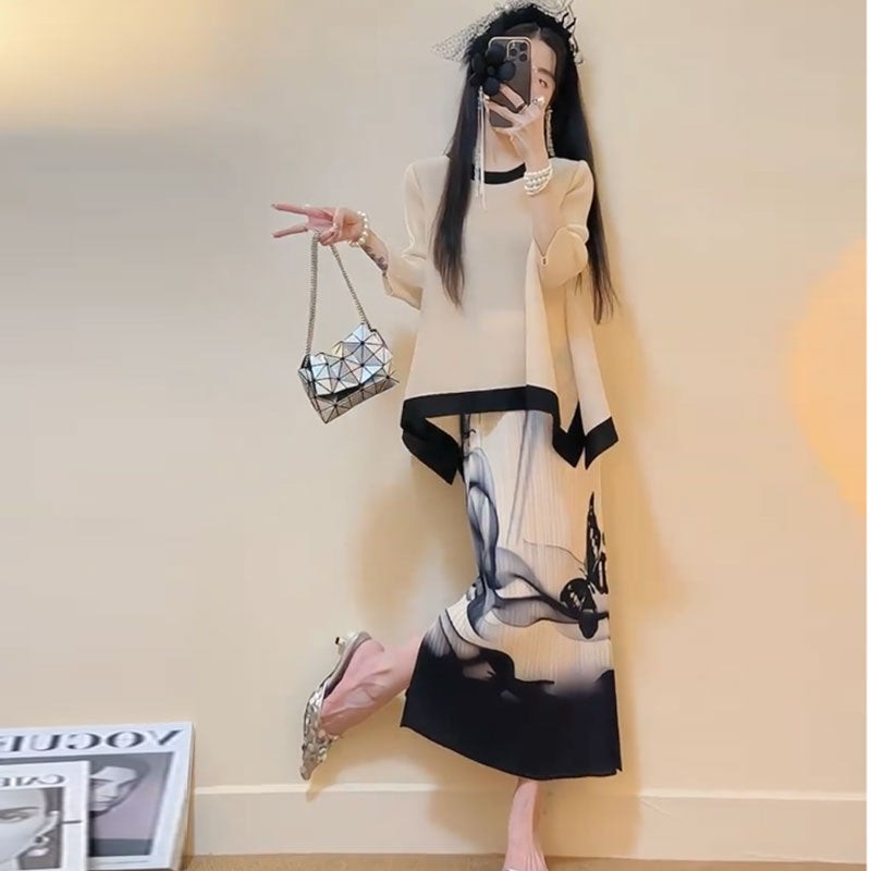 ストレッチストライプトップス＆プリーツスカートセットアップ