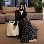 3 点セット ネックストラップ付き V ネックトップス チェック柄ロングスカート セットアップ きれいめ 大人コーデハイウエスト