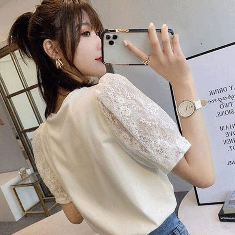 レース袖切替パフスリーブTシャツトップス