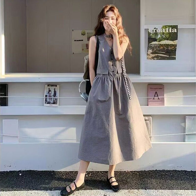 Vネックノースリーブベストワンピース高級感デートワンピース