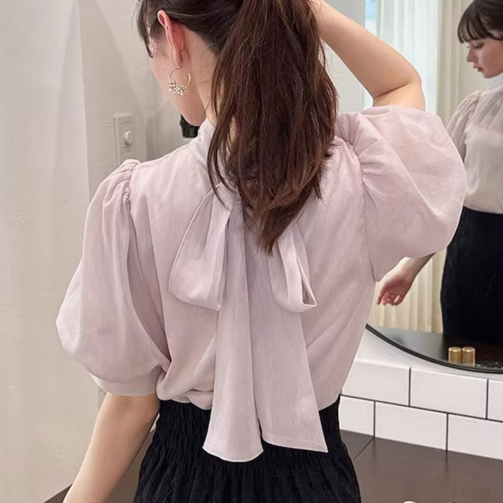 バルーン袖 リボンブラウス 薄ラベンダー きらきら デート・お出かけ