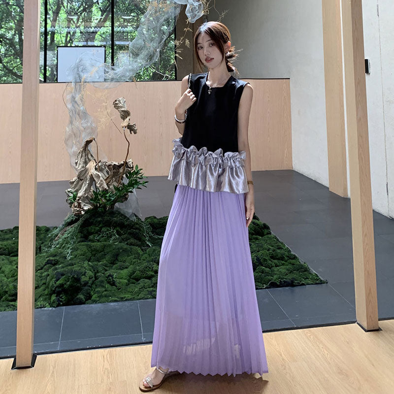 配色切替フレア裾ノースリーブトップス＆プリーツロングスカートセットアップ