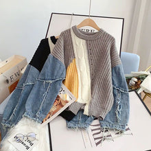 画像をギャラリービューアに読み込む, 配色切替デニム切替ダメージデザインニットセータートップス
