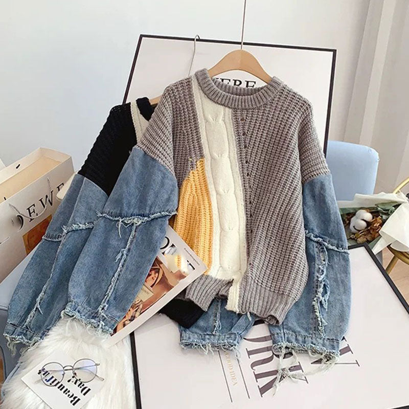 配色切替デニム切替ダメージデザインニットセータートップス