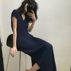 ストライプキーネックフレンチ袖薄ニットワンピース