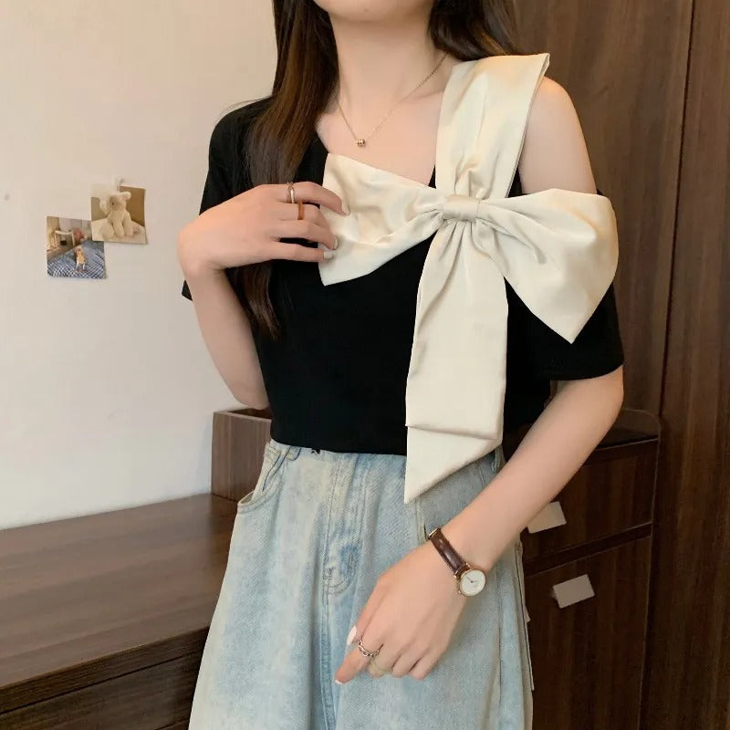 ショルダーリボン半袖Tシャツトップス